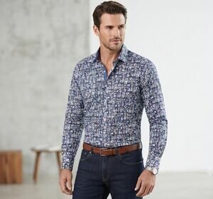 Bugatchi Uomo Shaped Fit Shirt Large 100% Cotton Animal Postage Stamp Print EUC